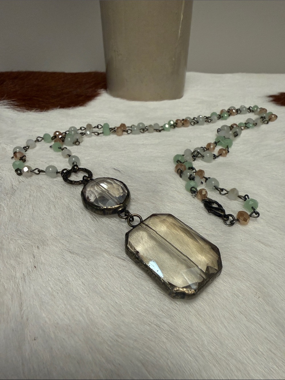 Crystal Pendant Bead Necklace in Pale Green and Champagne
